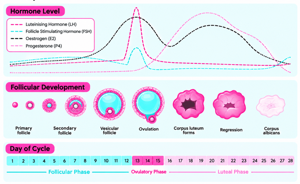 Diagram illustrating hormone levels during the menstrual cycle, including Luteinising Hormone (LH), Follicle Stimulating Hormone (FSH), Oestrogen (E2), and Progesterone (P4).